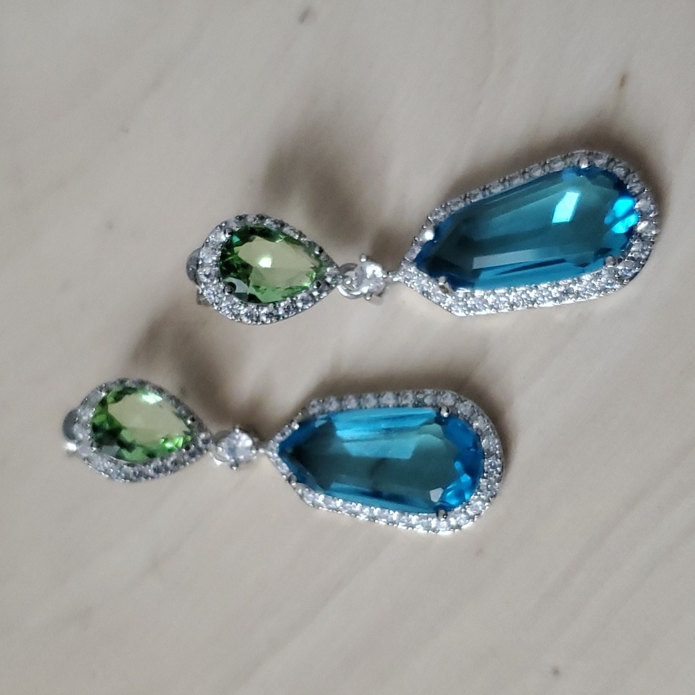 Sterling Silver 925 Aquamarine Peridot Dangle Earrings - Picture 2 of 12